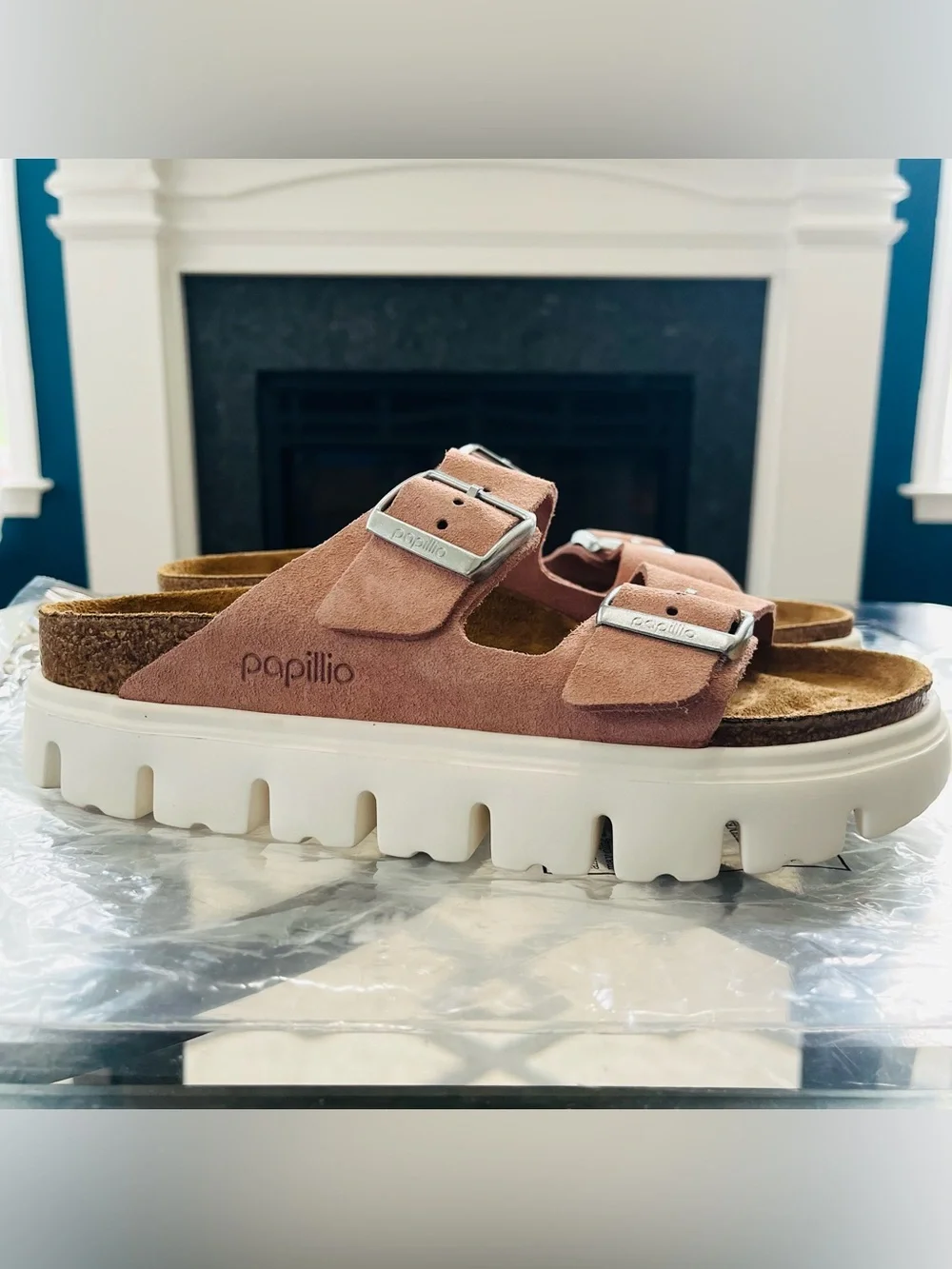 Sz 7 Birkenstock Women's Papillio Arizona Chunky Narrow Pink Suede EU 38